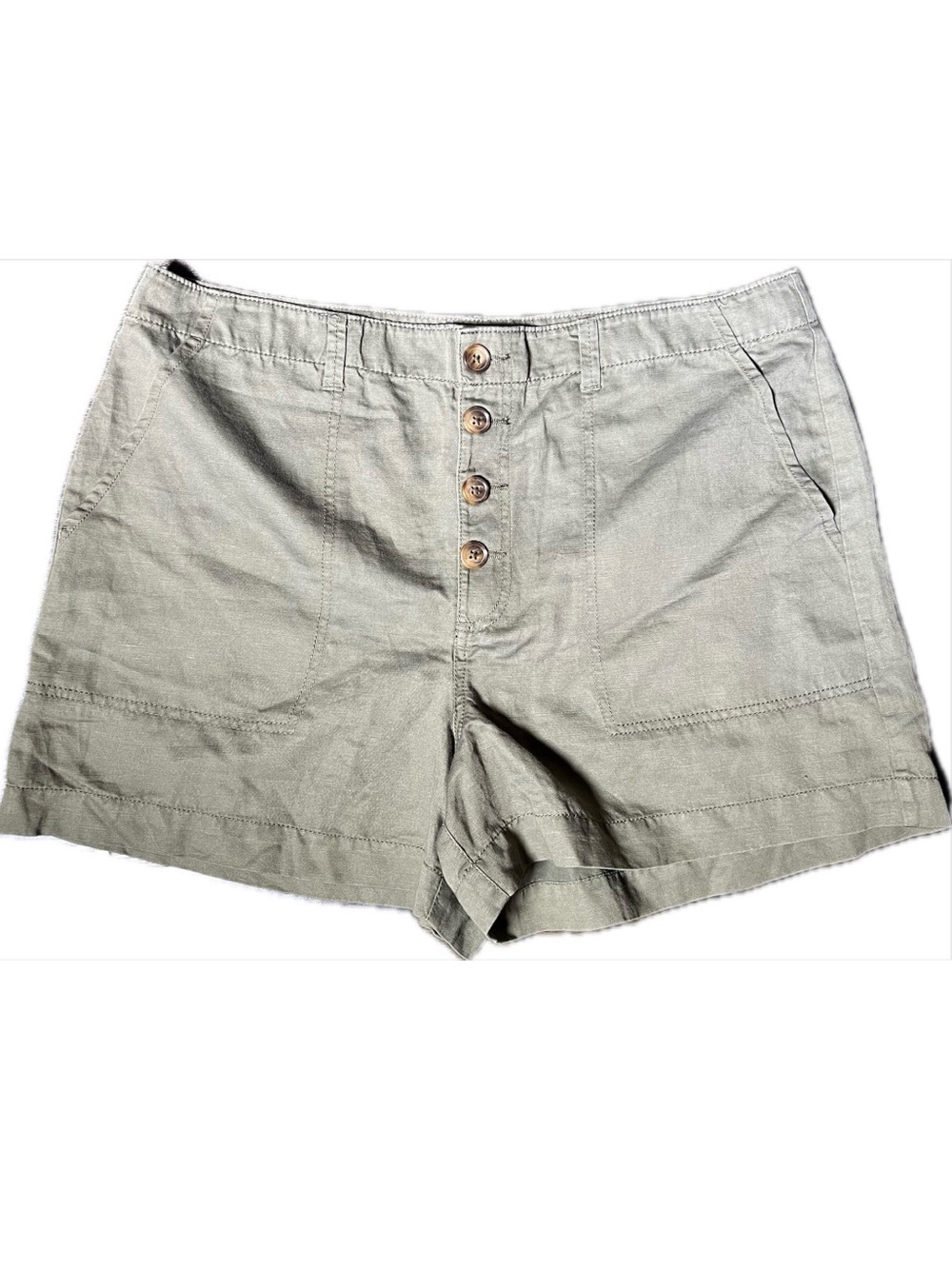 NWT LOFT Olive Khaki Green Button-Front Utility Shorts Mid Rise Cotton Linen 16